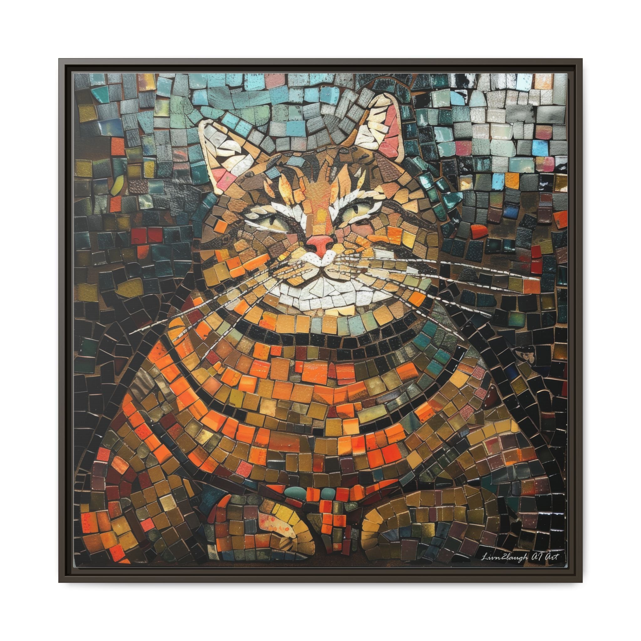 Mosaic Majesty: The Regal Cat, Framed Mosaic Cat Art Print — Colorful Modern Wall Canvas