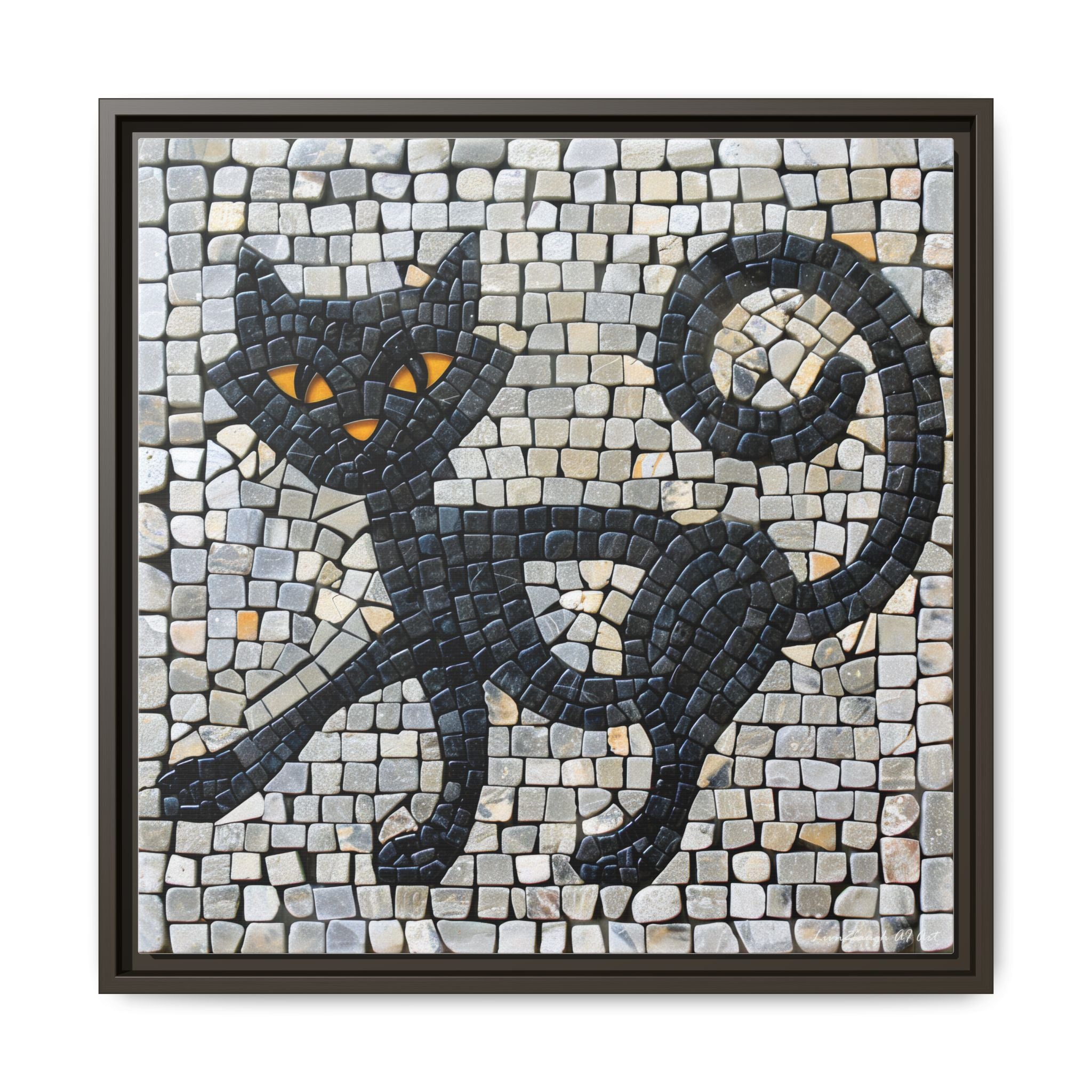 "Curious Black Cat Mosaic", Framed Mosaic Cat Art Print — Colorful Modern Wall Canvas