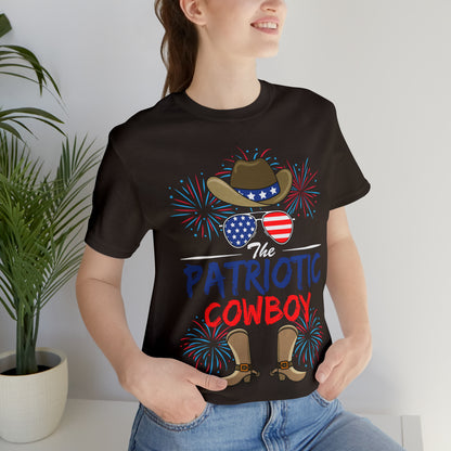 Patriotic Cowboy, American Flag 'Glasses, Cowboy Hat and Boots, Fourth of July 4th Unisex Jersey Short Sleeve Tee