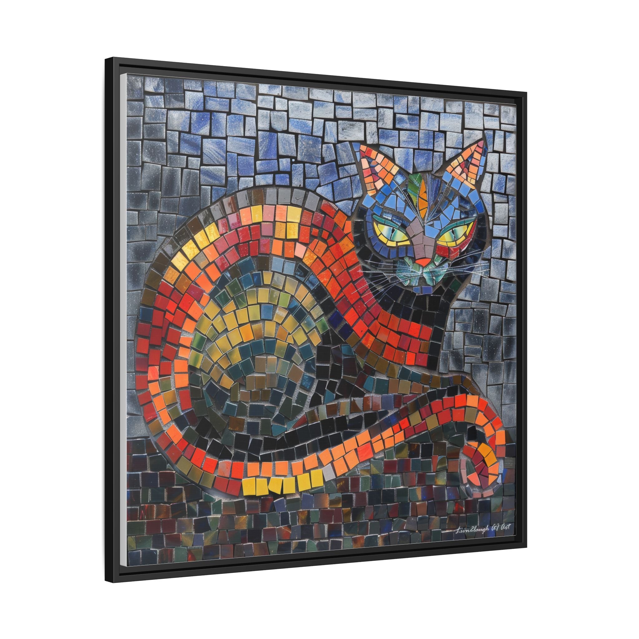 Mystic Shadows: The Enigmatic Cat, Framed Mosaic Cat Art Print — Colorful Modern Wall Canvas