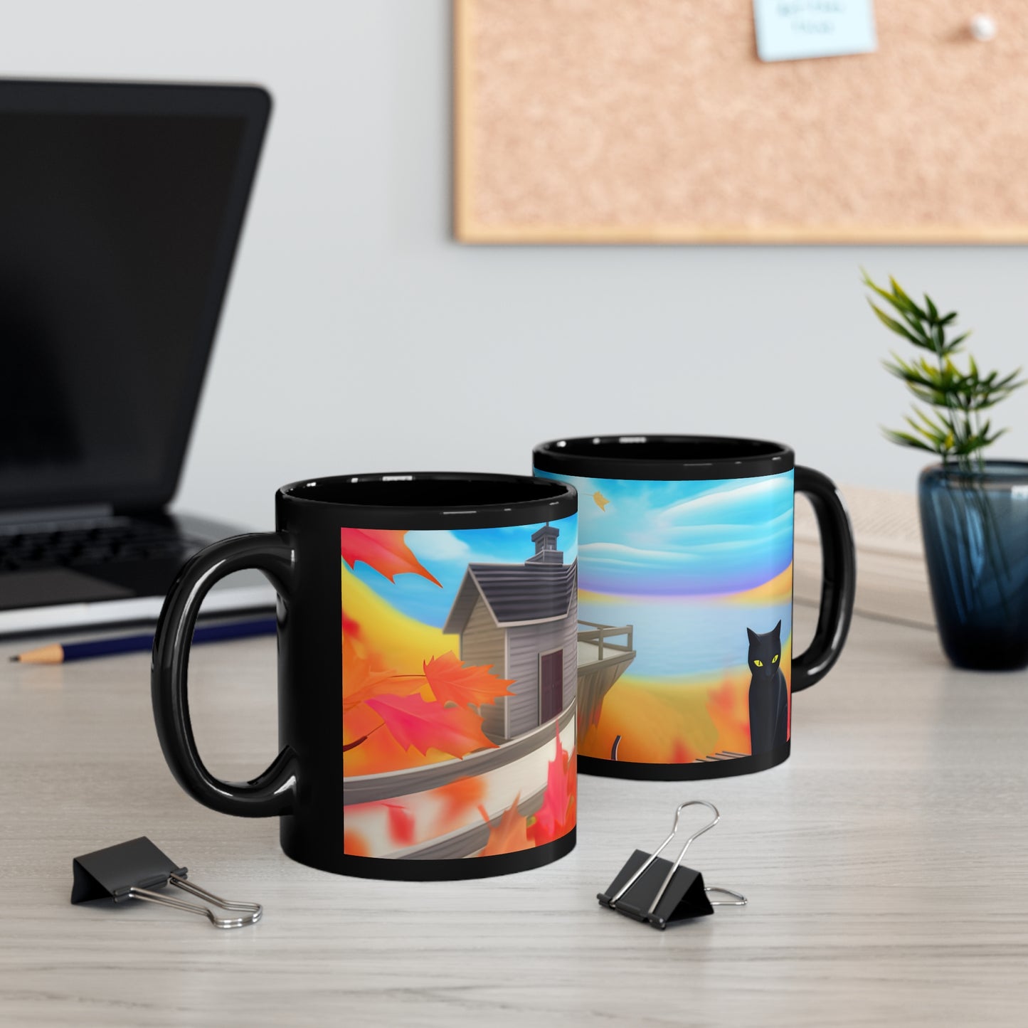 Lighthouse /Beach House on a Lake/Ocean Fall Time Is Amazing Pumpkins And Fall Colors With Cat 11oz Black Mug