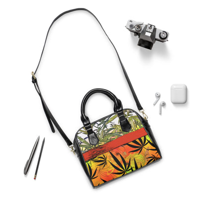 Beautiful Redish Orange Banded Marijuana 420 Pot Weed Leaf Shoulder Handbag