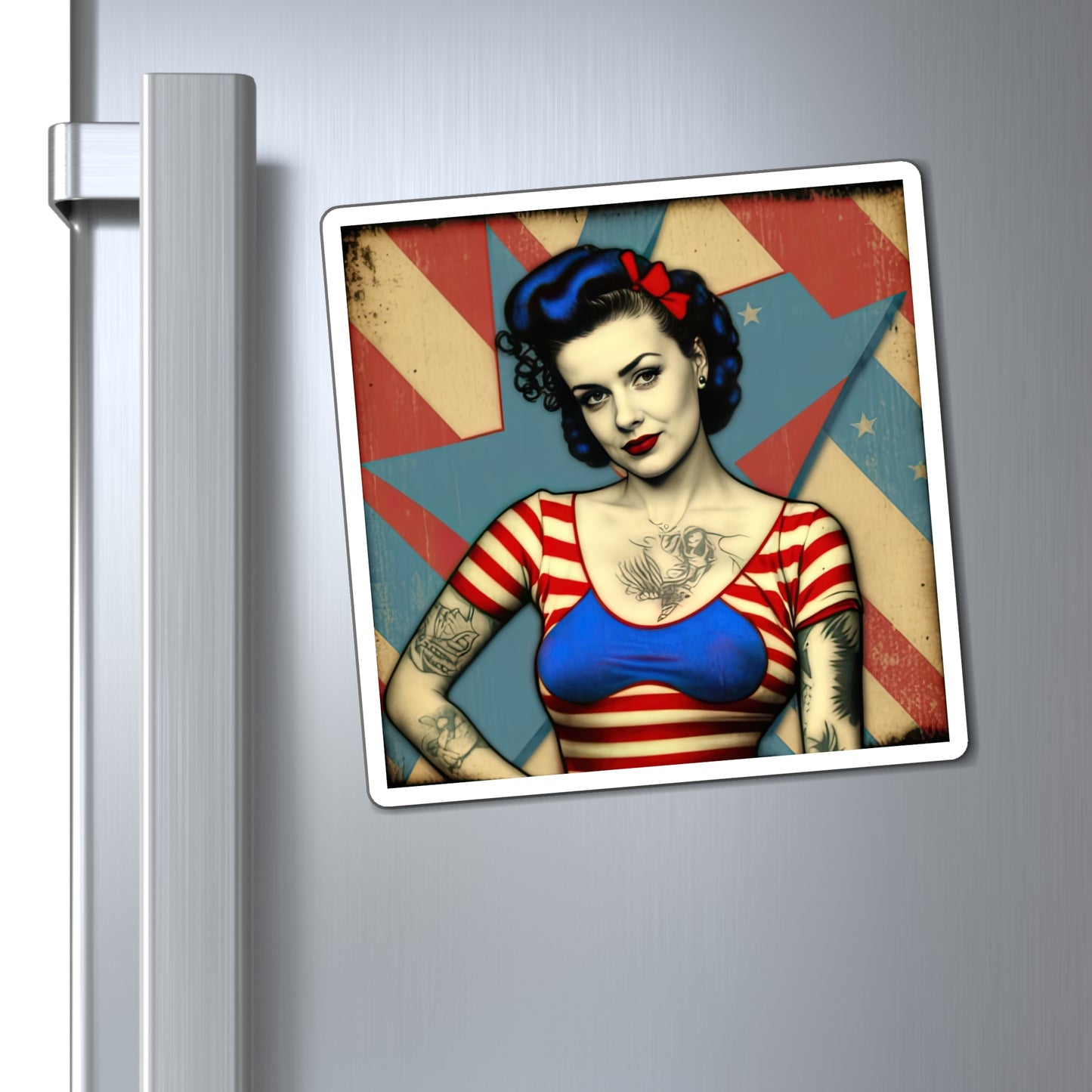 Retro Tattooed Pinup Blue, Red And White Star Magnet Style Eight