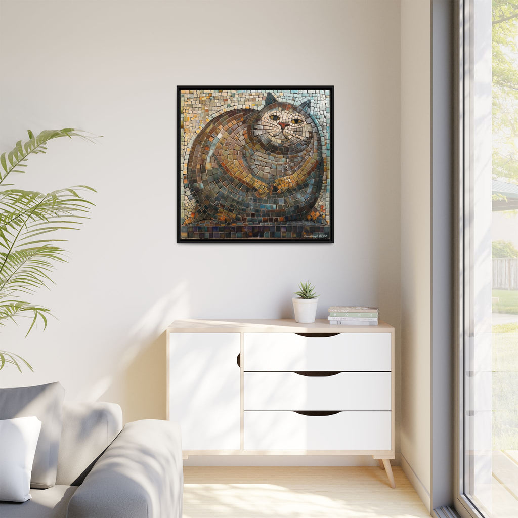 "Serene Mosaic Cat", Framed Mosaic Cat Art Print — Colorful Modern Wall Canvas