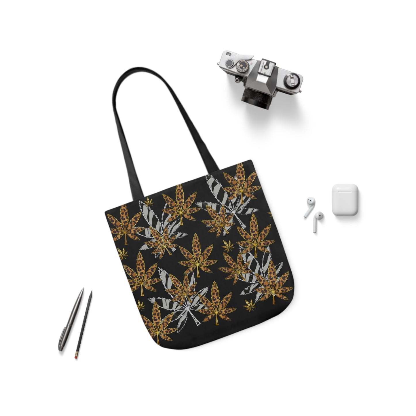 Gold And Zebra Marijuana Pot Weed Leaf 420 Marijuana Polyester Canvas Tote Bag (AOP)