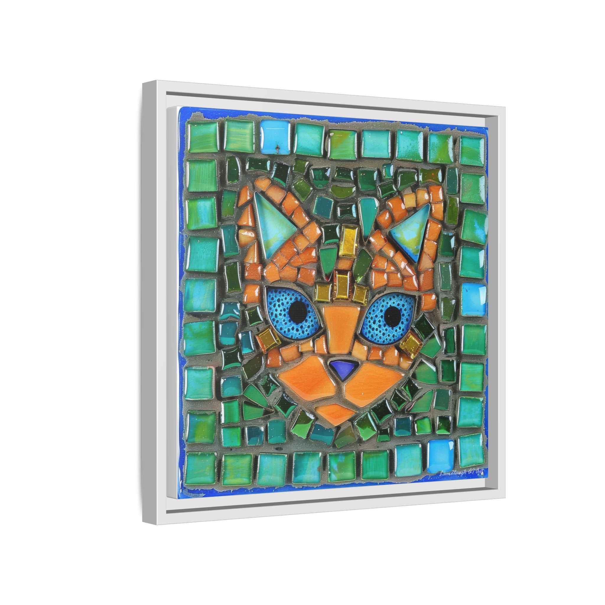 "Emerald Eyes Mosaic Cat", Framed Mosaic Cat Art Print — Colorful Modern Wall Canvas