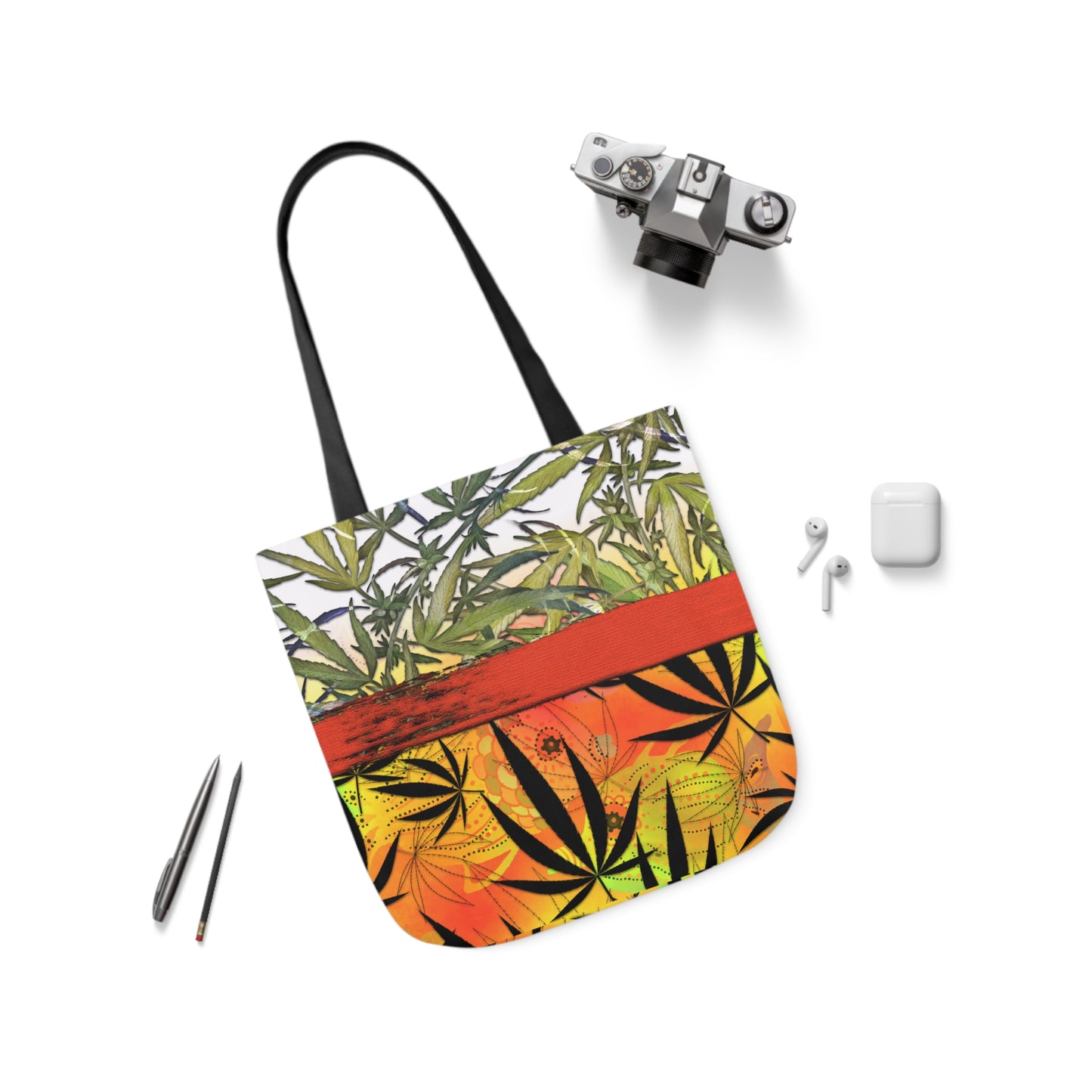 Beautiful Redish Orange Banded Marijuana 420 Pot Weed Leaf Polyester Canvas Tote Bag (AOP)