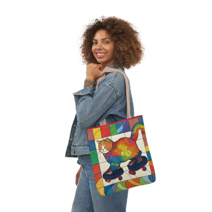 Gorgeous Rainbow Cat Riding A Skate/Skateboard With Rainbow Border Polyester Canvas Tote Bag (AOP)