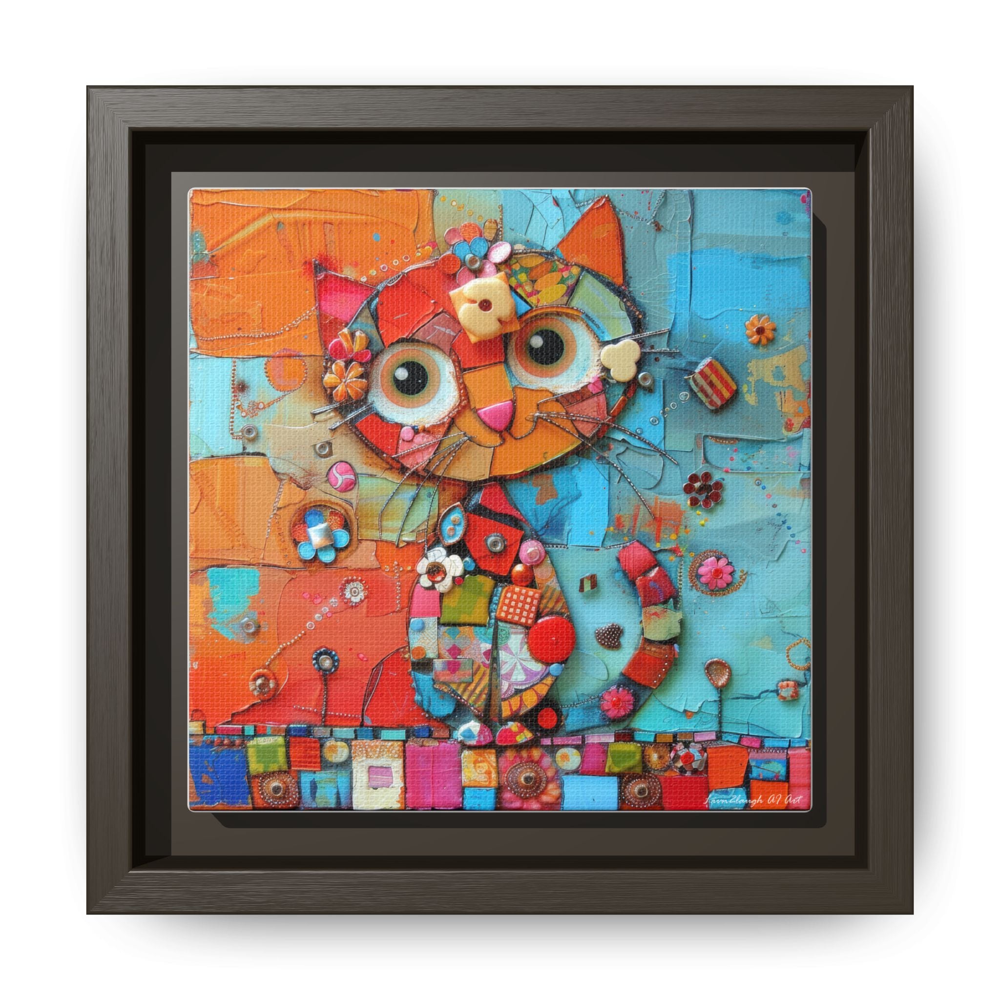 "Whimsical Mosaic Cat", Framed Mosaic Cat Art Print — Colorful Modern Wall Canvas