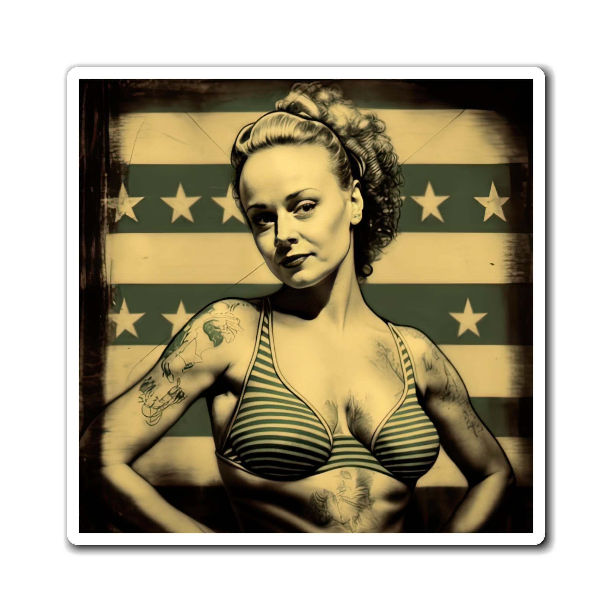 Retro Tattooed Pinup Blue, Red And White Star Magnet Style Ten