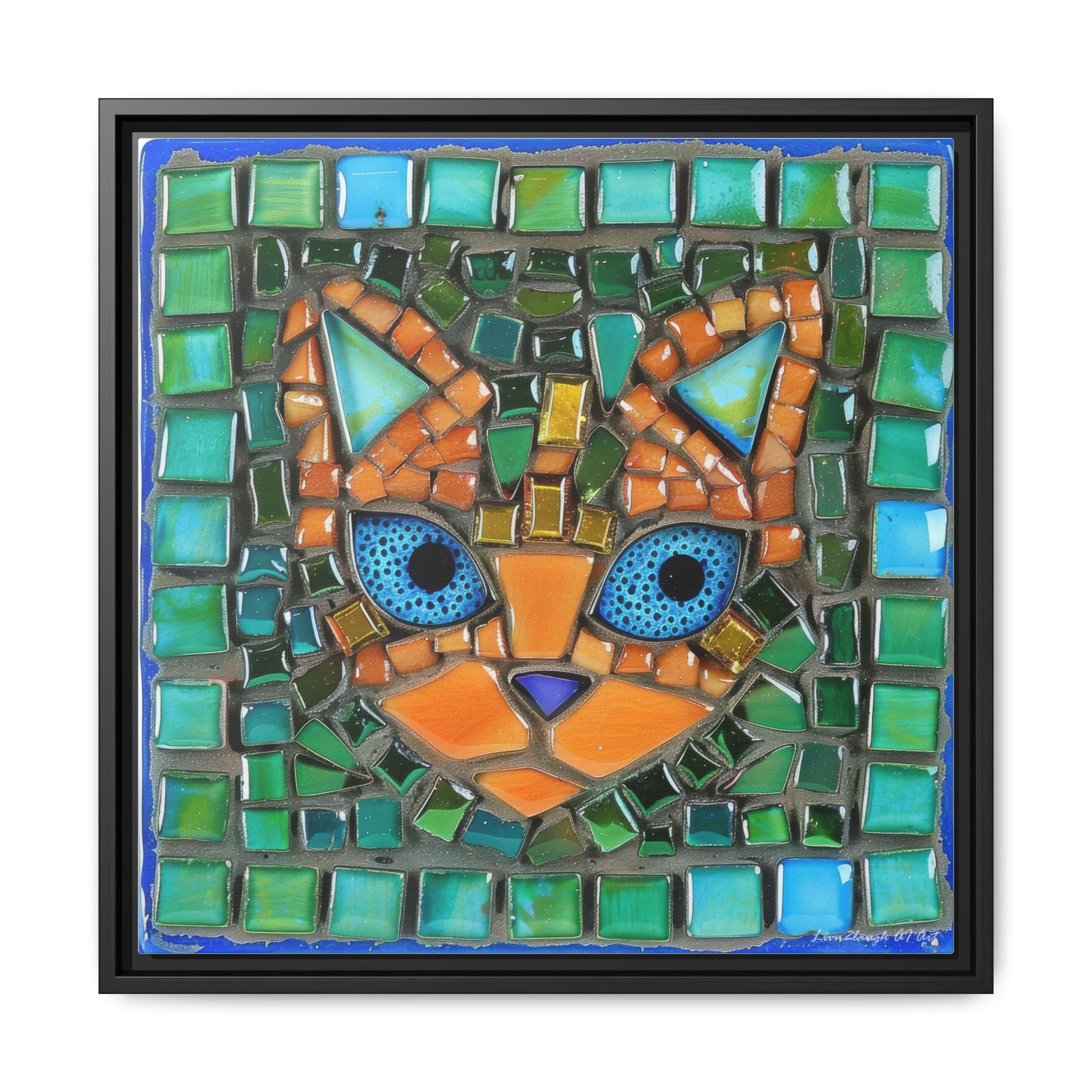"Emerald Eyes Mosaic Cat", Framed Mosaic Cat Art Print — Colorful Modern Wall Canvas