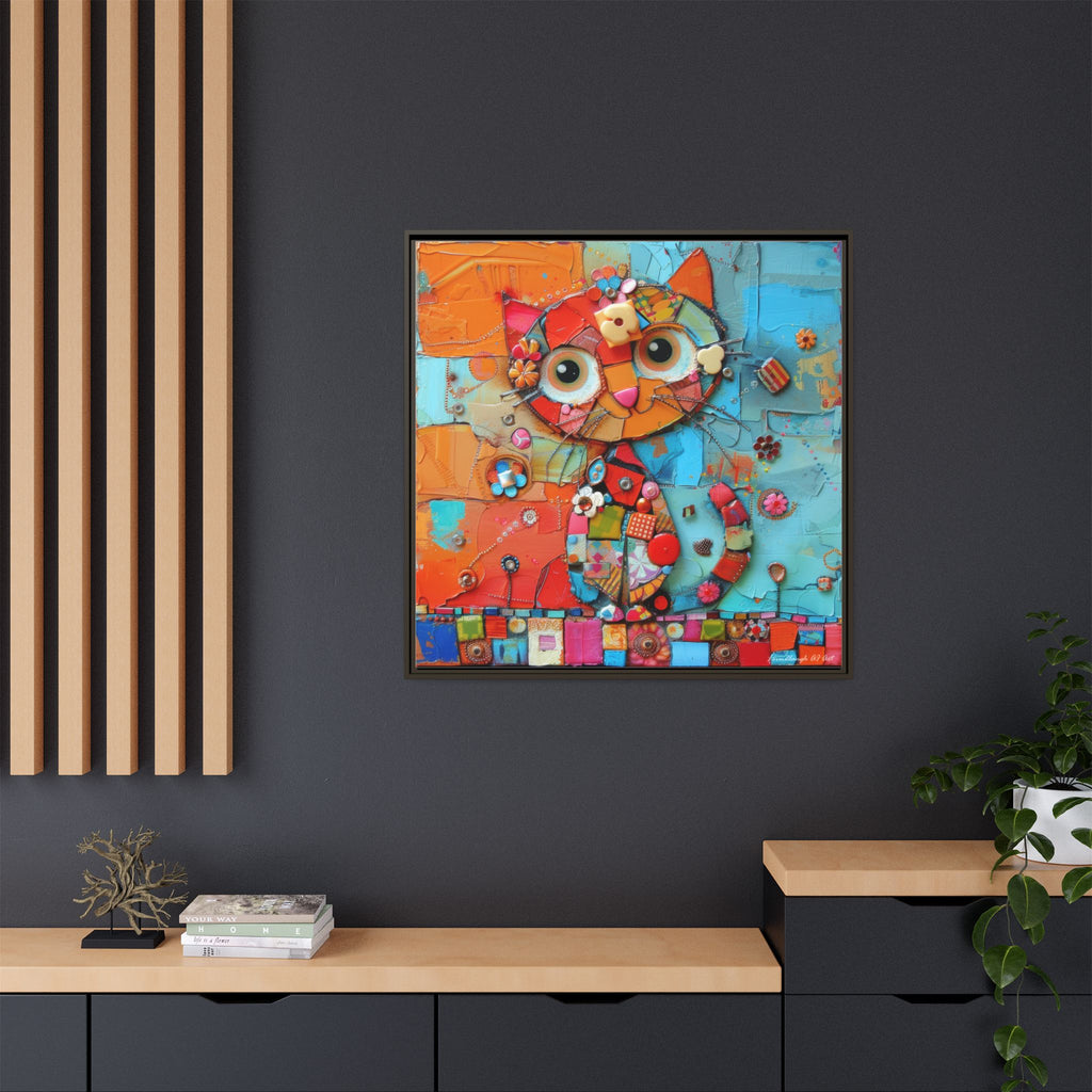 "Whimsical Mosaic Cat", Framed Mosaic Cat Art Print — Colorful Modern Wall Canvas