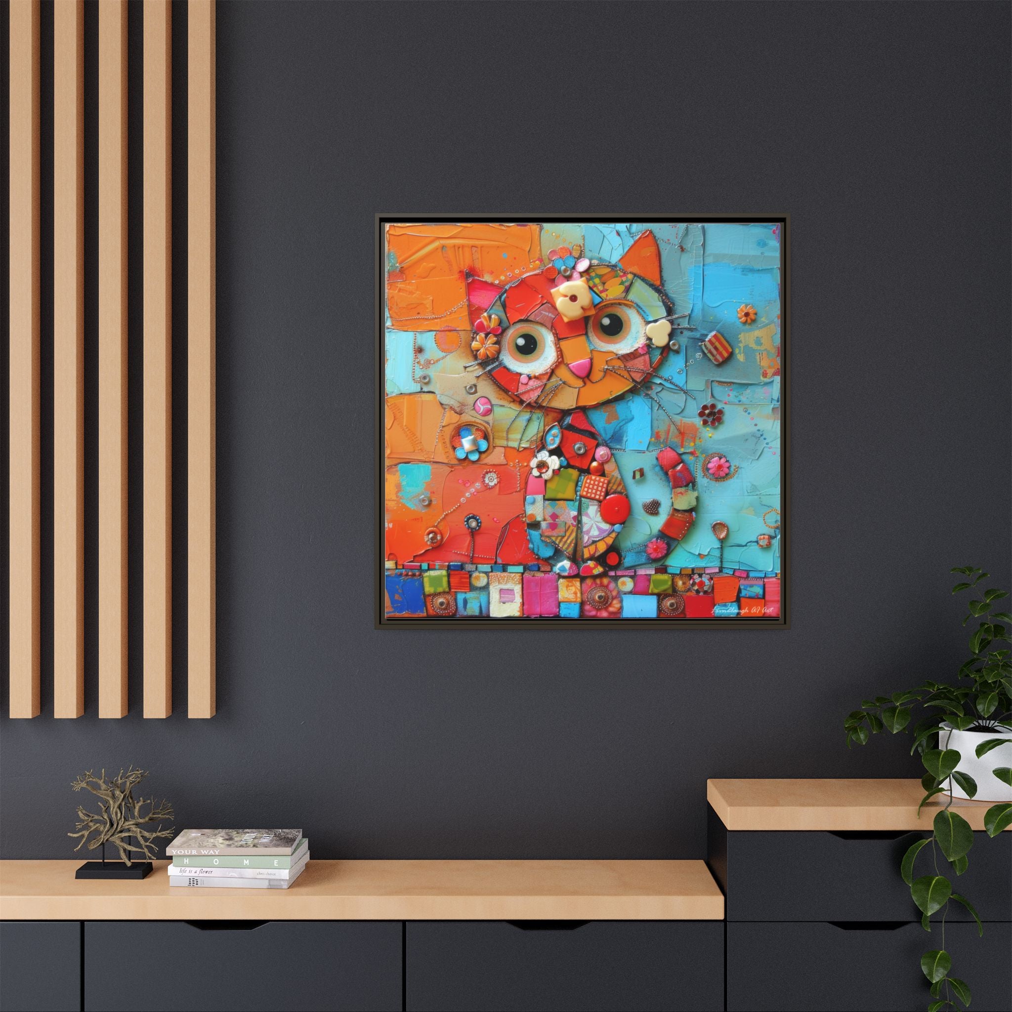 "Whimsical Mosaic Cat", Framed Mosaic Cat Art Print — Colorful Modern Wall Canvas