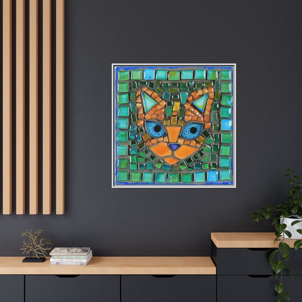 "Emerald Eyes Mosaic Cat", Framed Mosaic Cat Art Print — Colorful Modern Wall Canvas