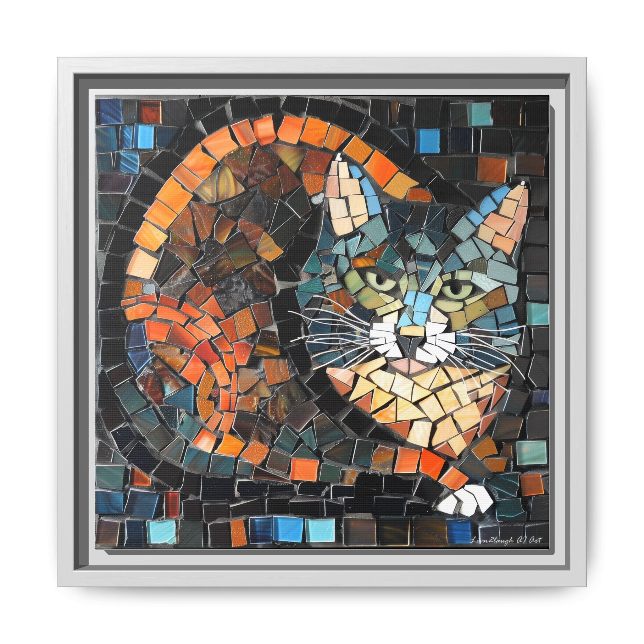"Bold Mosaic Cat", Framed Mosaic Cat Art Print — Colorful Modern Wall Canvas