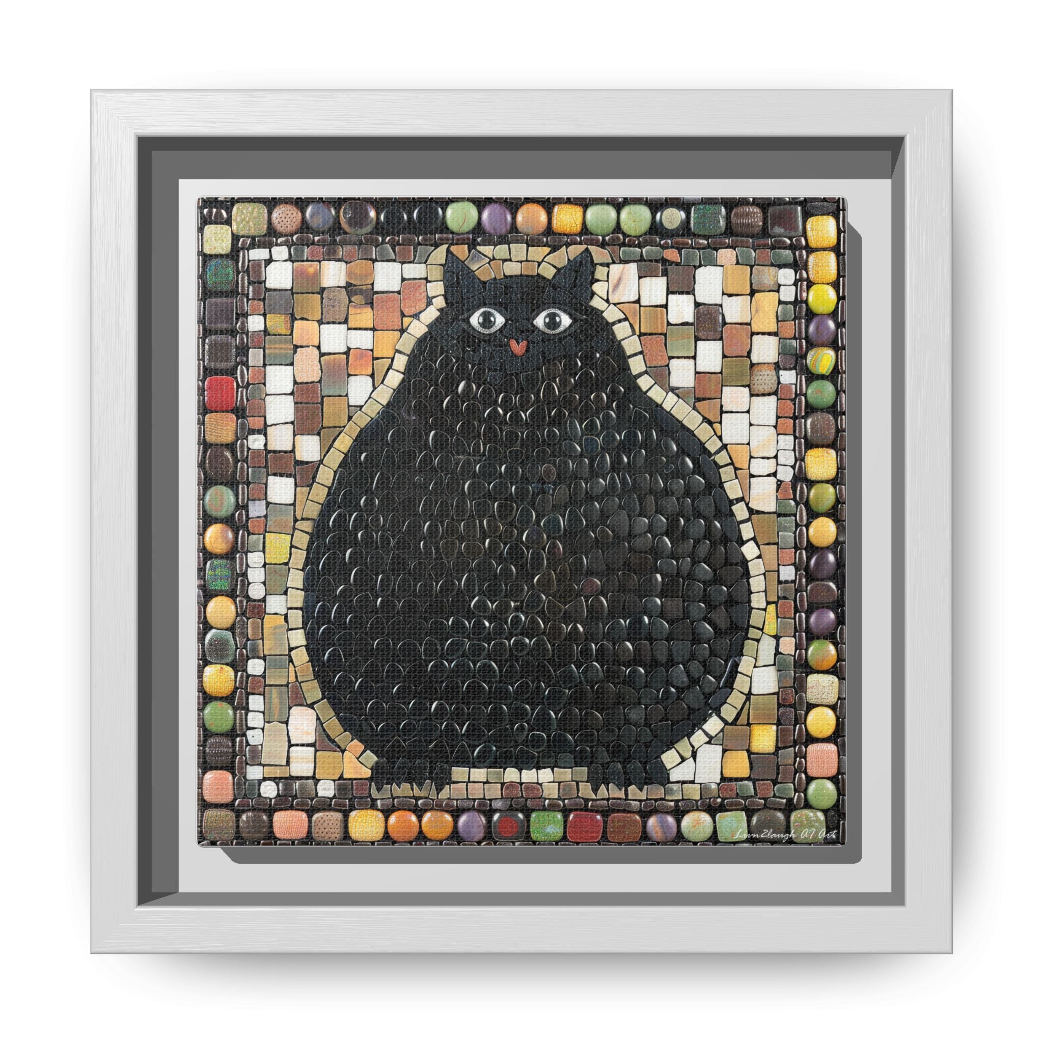 "Playful Black Cat Mosaic", Framed Mosaic Cat Art Print — Colorful Modern Wall Canvas