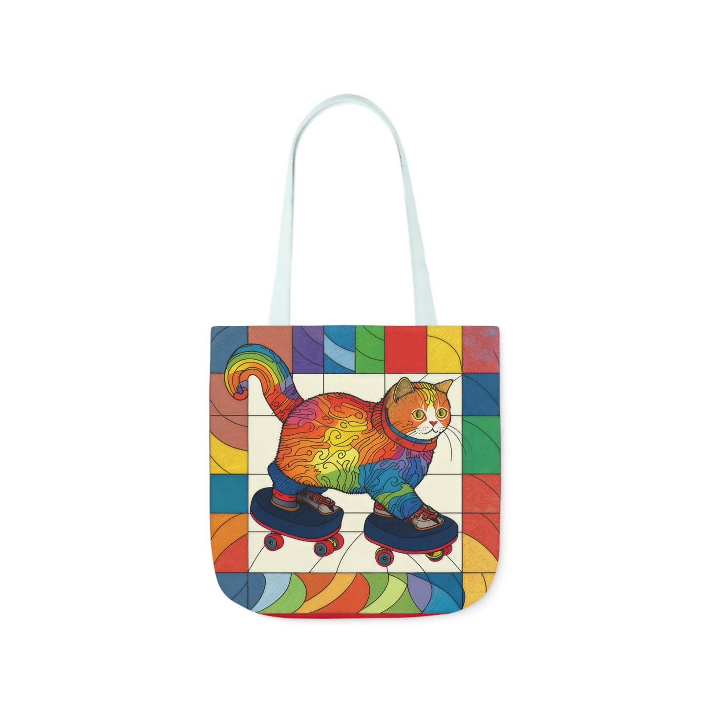 Gorgeous Rainbow Cat Riding A Skate/Skateboard With Rainbow Border Polyester Canvas Tote Bag (AOP)