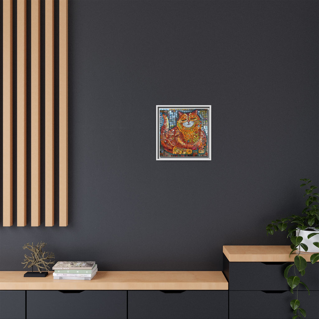 Radiant Whiskers: The Joyful Cat, Framed Mosaic Cat Art Print — Colorful Modern Wall Canvas