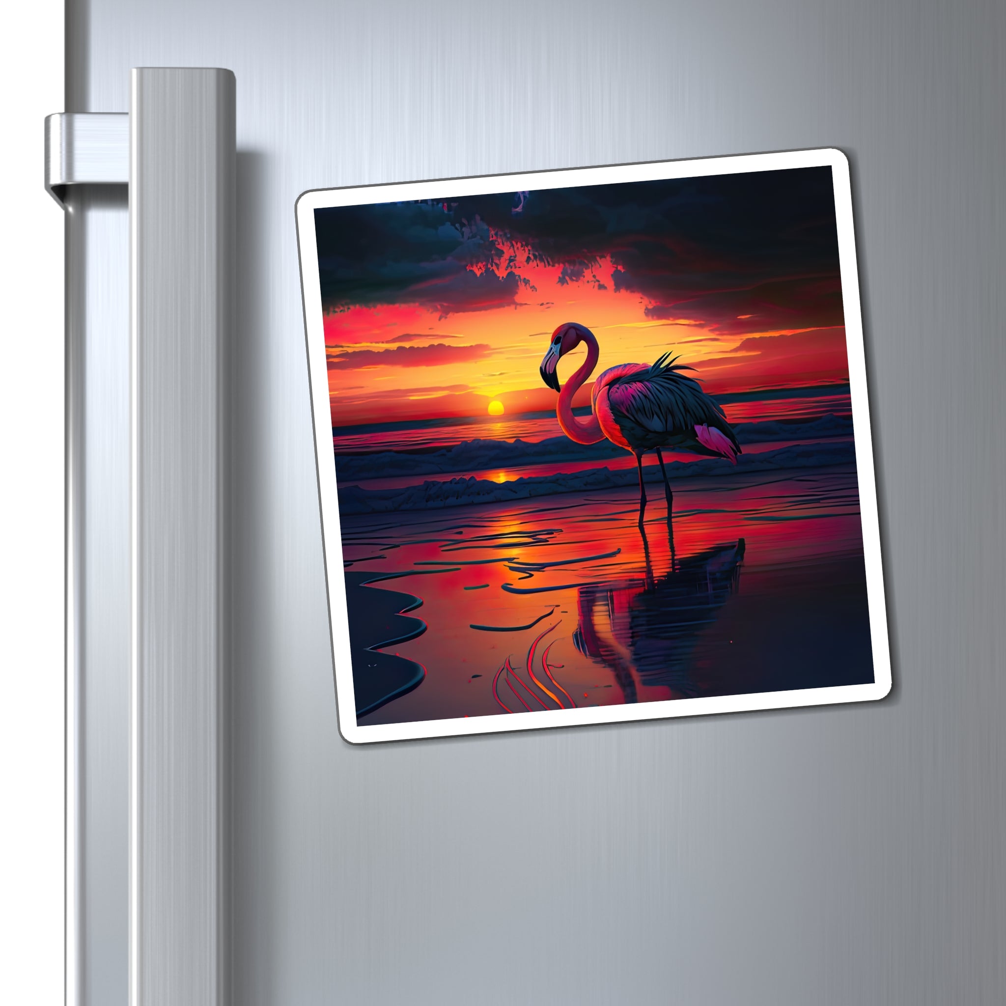 Gorgeous Flamingo With Beautiful Sunset On The Water Magnets