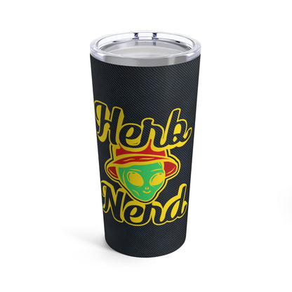 420 Herb & Nerd, 420 Green Alien Style Head With Red Hat Marijuana 420 By Fly Design Tumbler 20oz