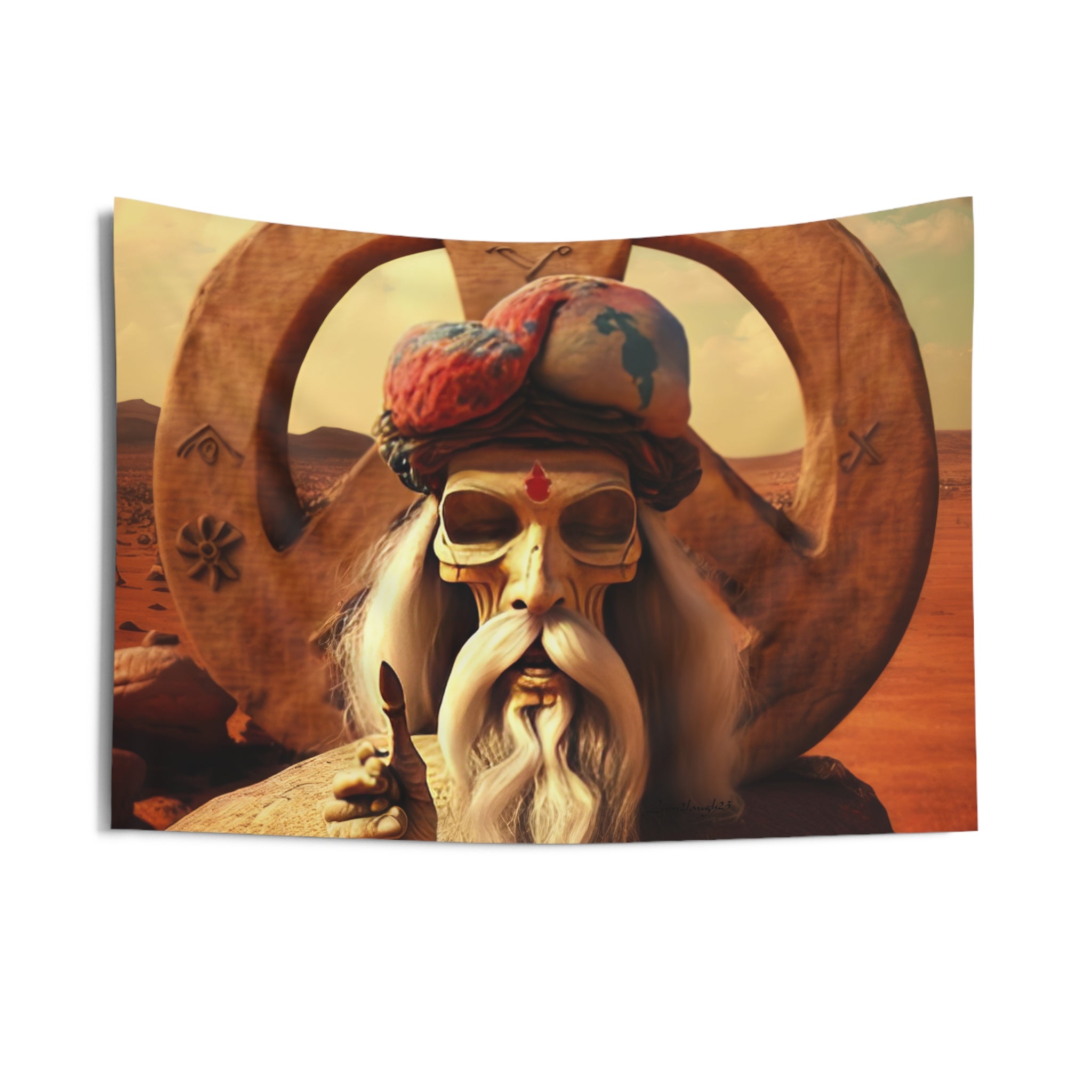 Wise Man In Dessert With Beard And Peace Sign Indoor Wall Tapestries