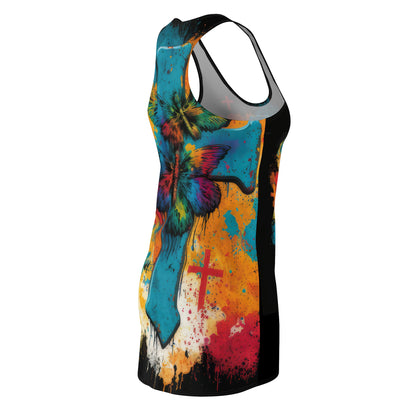 Bold And Beautiful Tie Dye Cross And Butterflies Front Style Four On Back Women's Cut & Sew Racerback Dress (AOP)