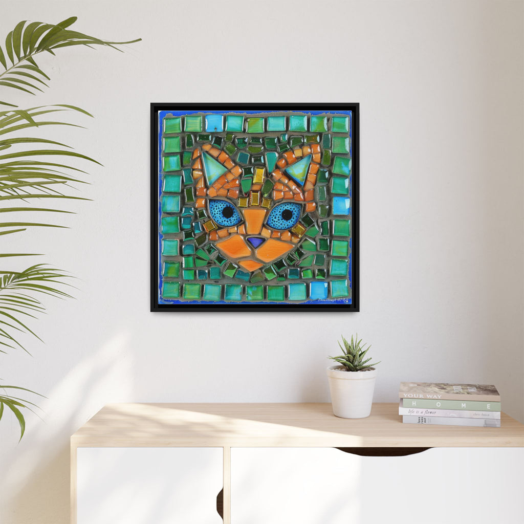 "Emerald Eyes Mosaic Cat", Framed Mosaic Cat Art Print — Colorful Modern Wall Canvas