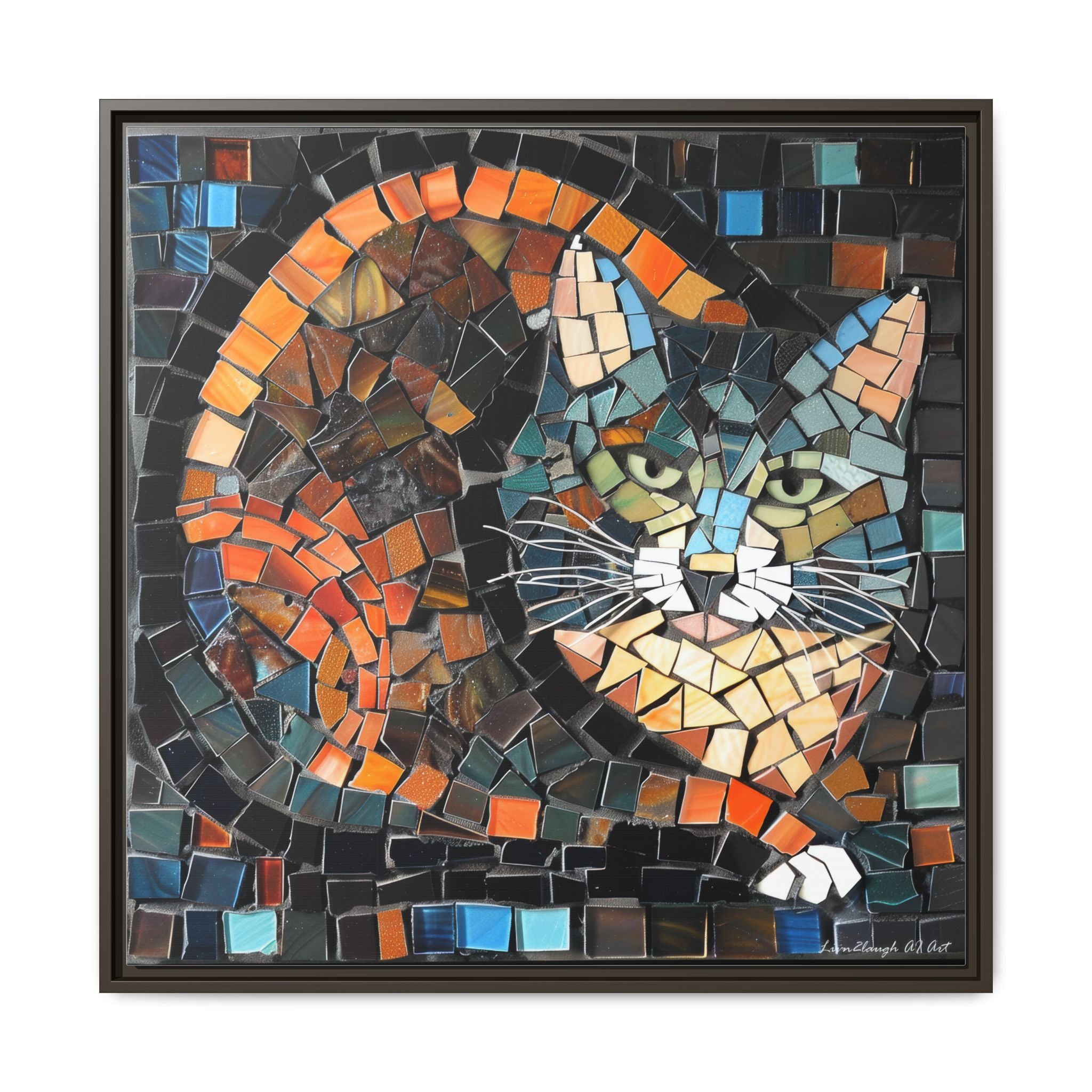 "Bold Mosaic Cat", Framed Mosaic Cat Art Print — Colorful Modern Wall Canvas