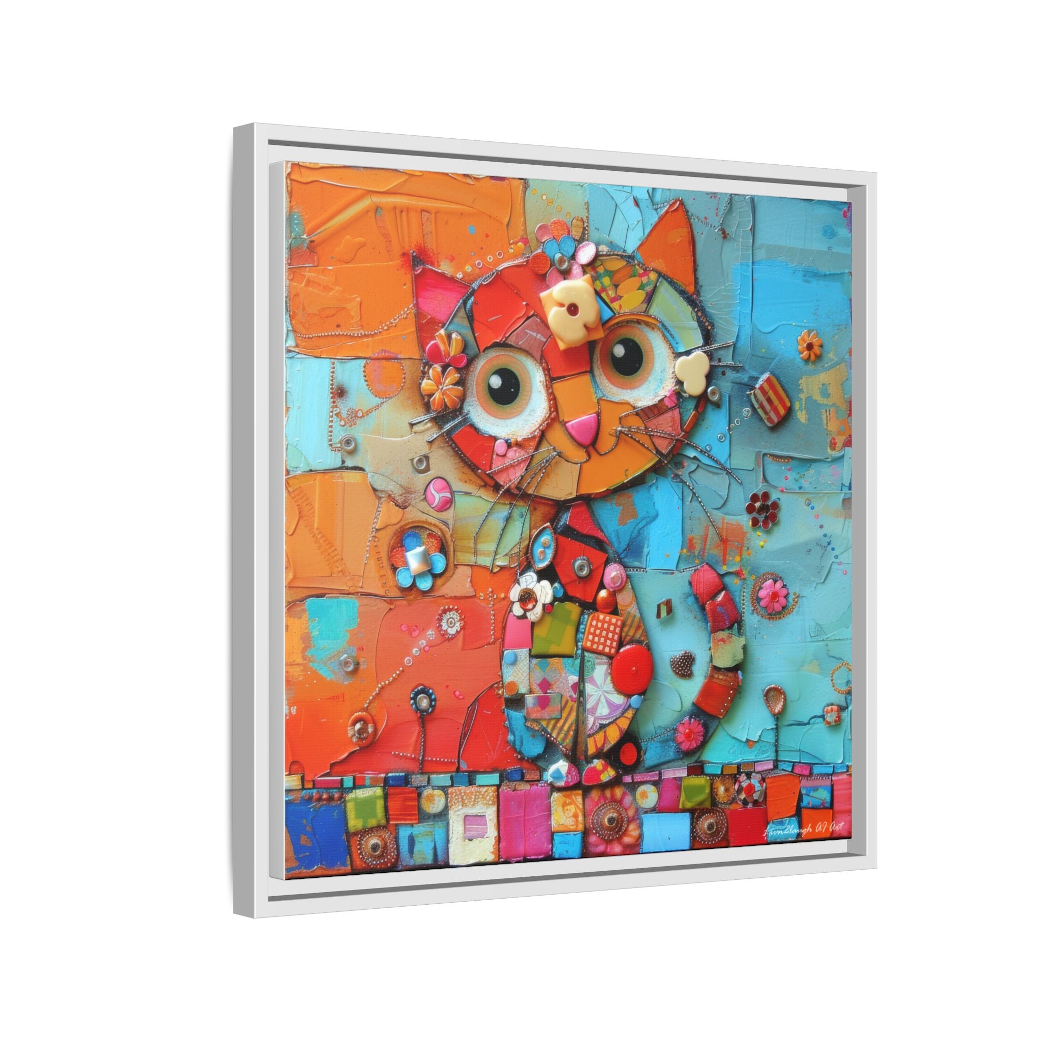 "Whimsical Mosaic Cat", Framed Mosaic Cat Art Print — Colorful Modern Wall Canvas