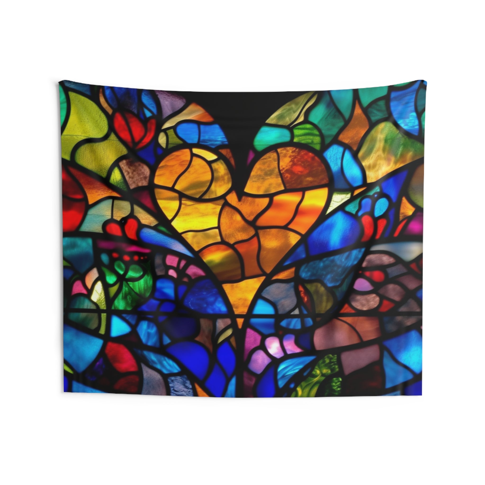 Stained Glass Blue Background Amazing Yellow Heart Indoor Wall Tapestries
