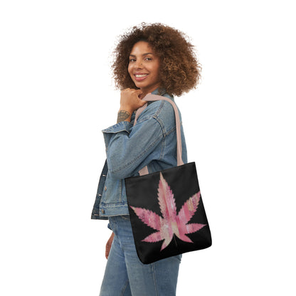 Sassy Single Pink Marijuana 420 Weed Leaf With Black Background Polyester Canvas Tote Bag (AOP)