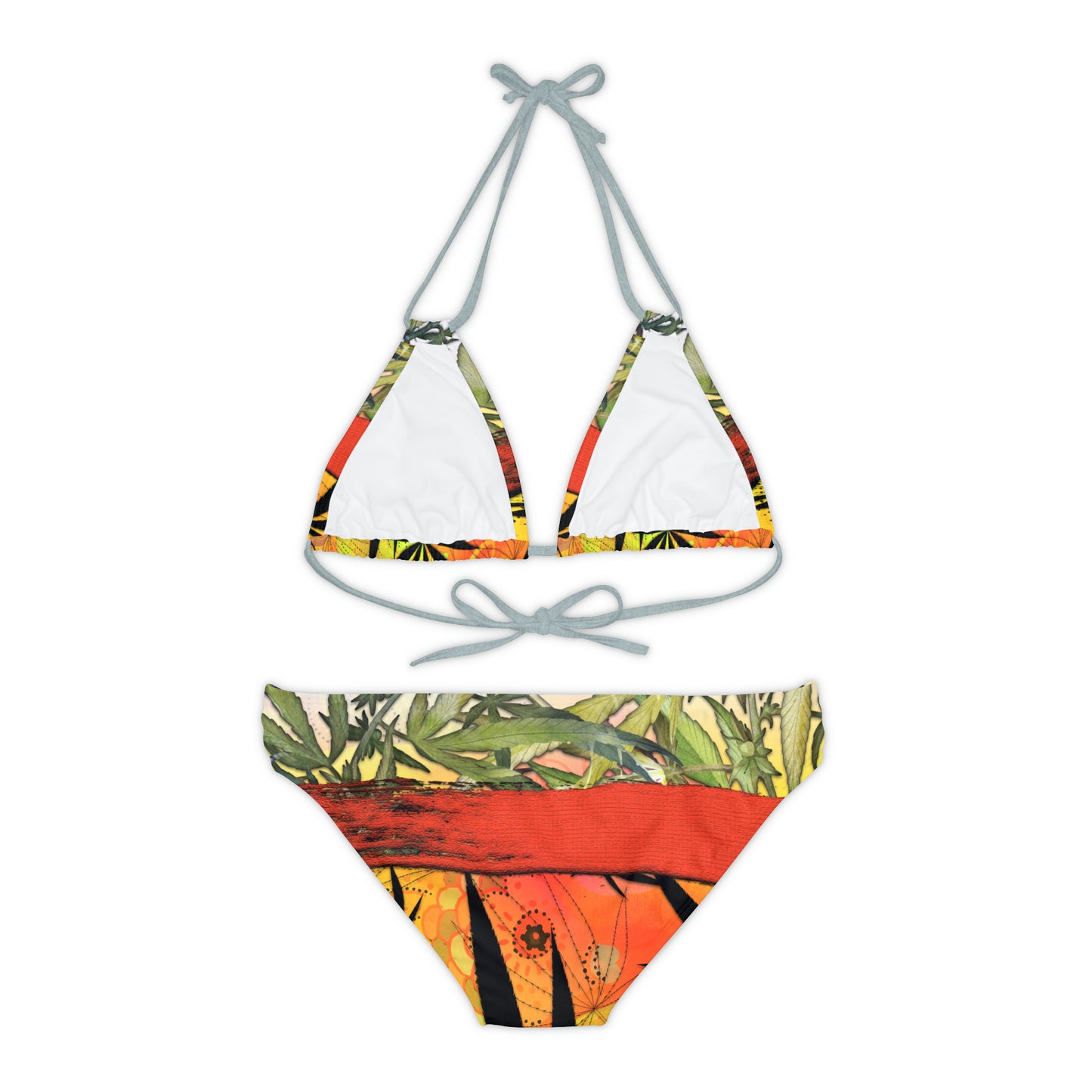 Beautiful Redish Orange Banded Marijuana 420 Pot Weed Leaf Strappy Bikini Set (AOP)