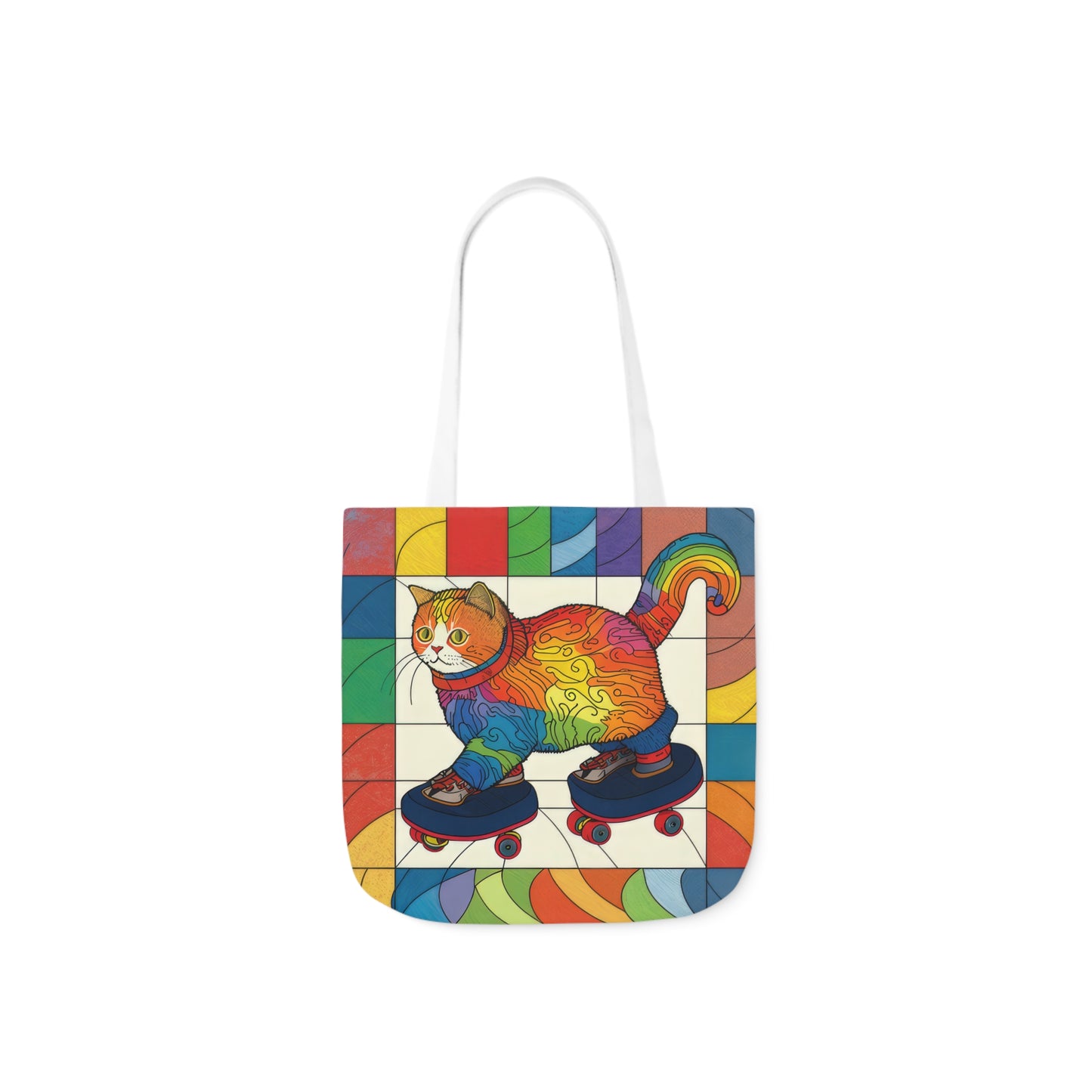 Gorgeous Rainbow Cat Riding A Skate/Skateboard With Rainbow Border Polyester Canvas Tote Bag (AOP)