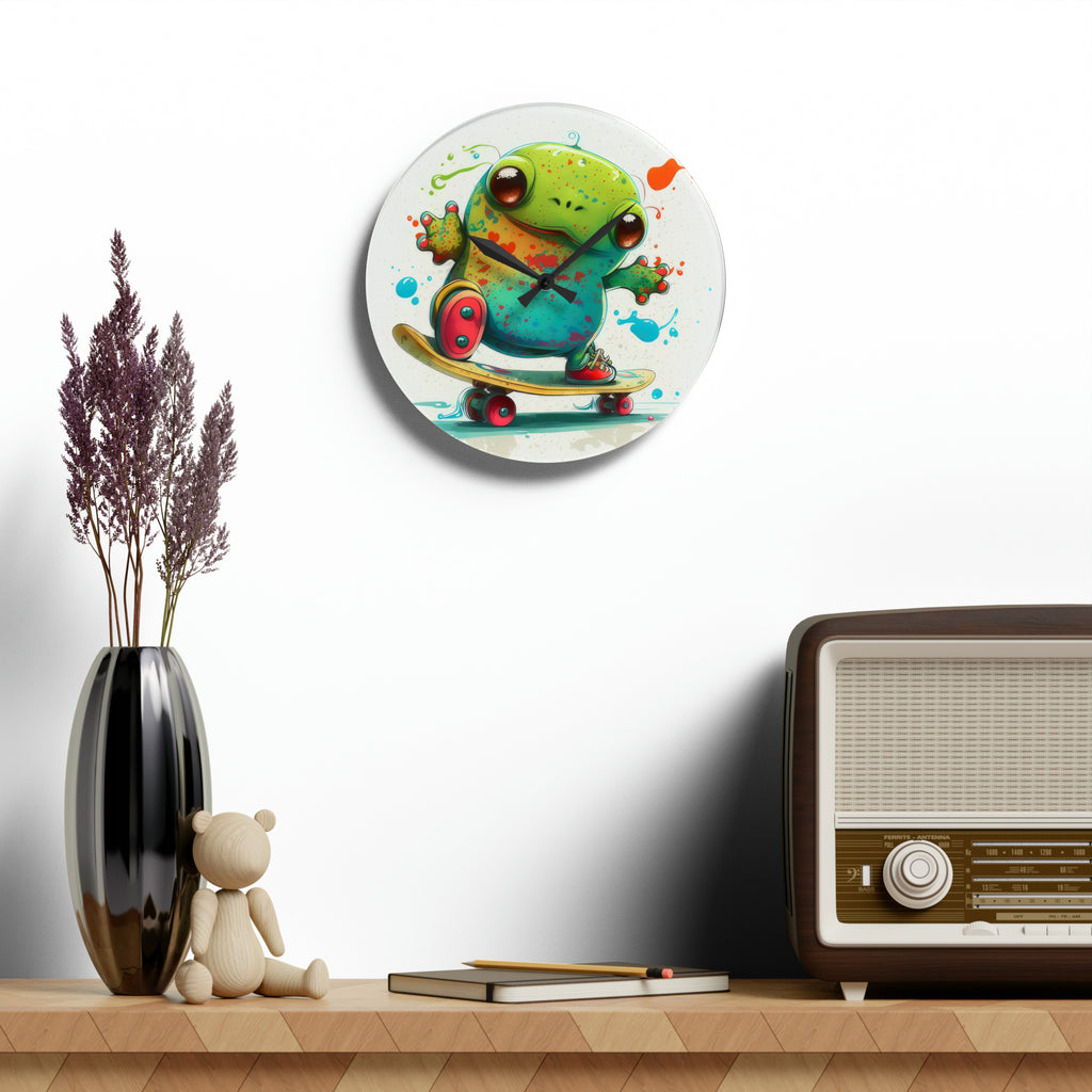 Tie Dye Cool Frog On Skate Board Wall Clock