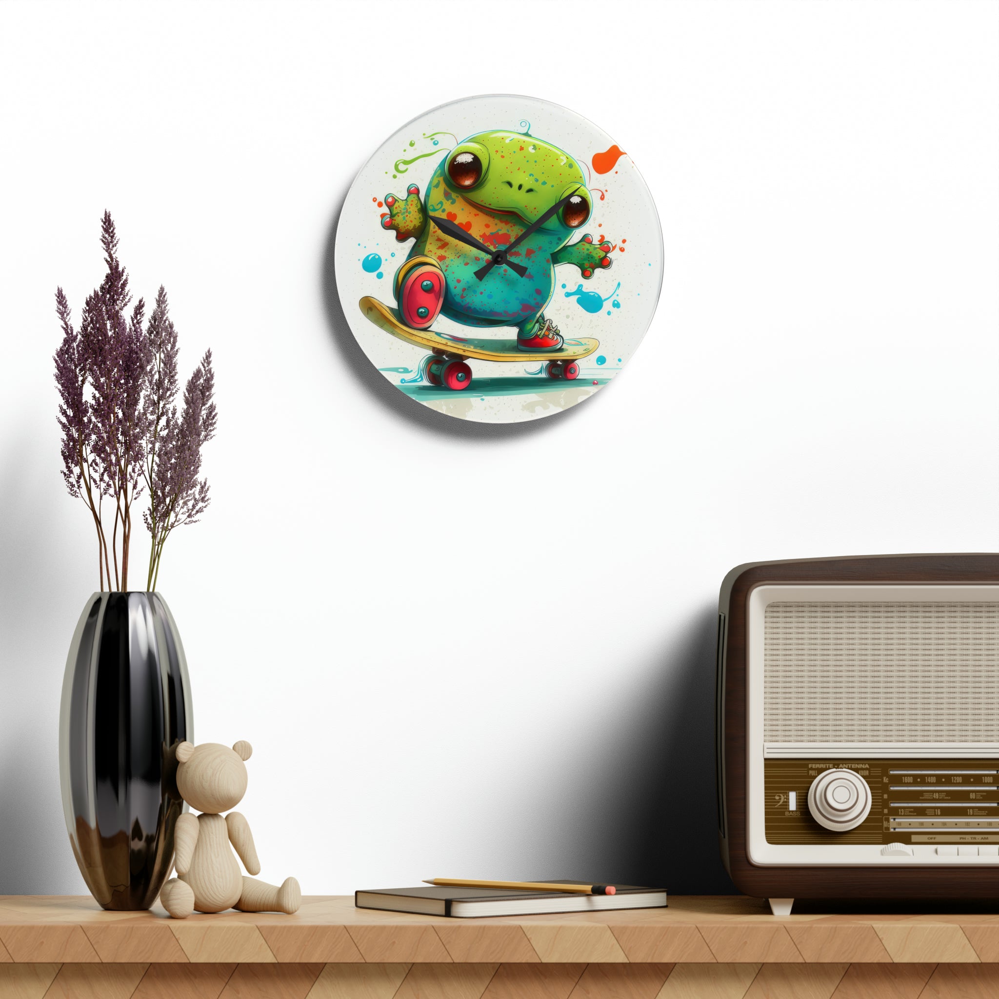 Tie Dye Cool Frog On Skate Board Wall Clock