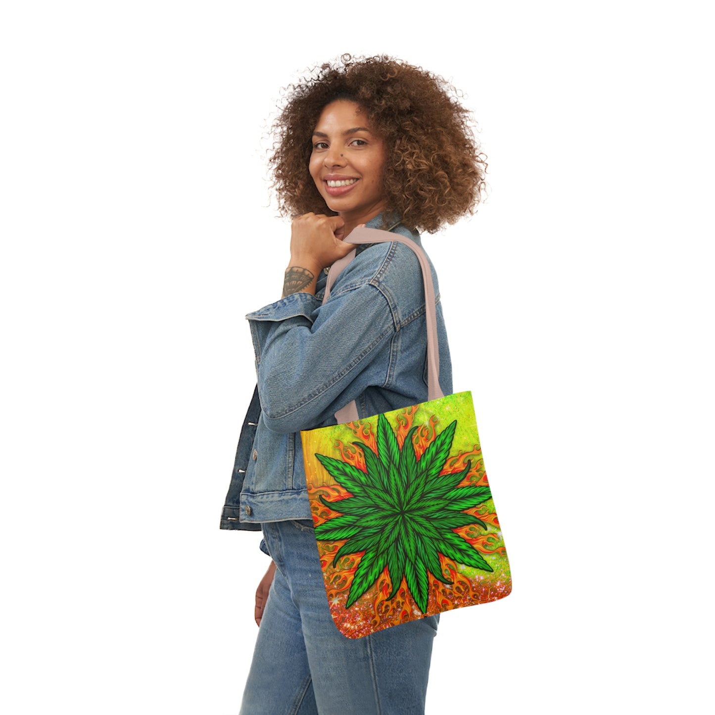 Beautifully Designed Orange, Yellow And Green Marijuana Leave Polyester Canvas Tote Bag (AOP)