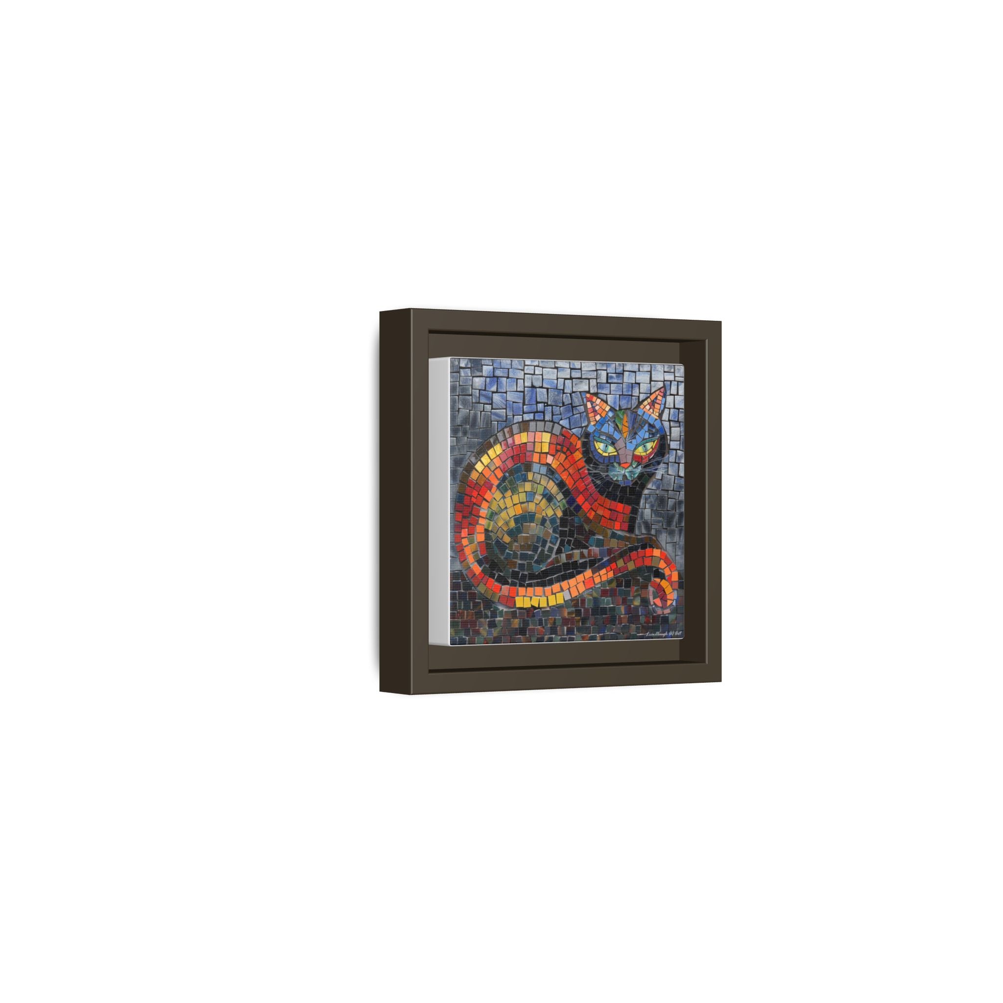 Mystic Shadows: The Enigmatic Cat, Framed Mosaic Cat Art Print — Colorful Modern Wall Canvas
