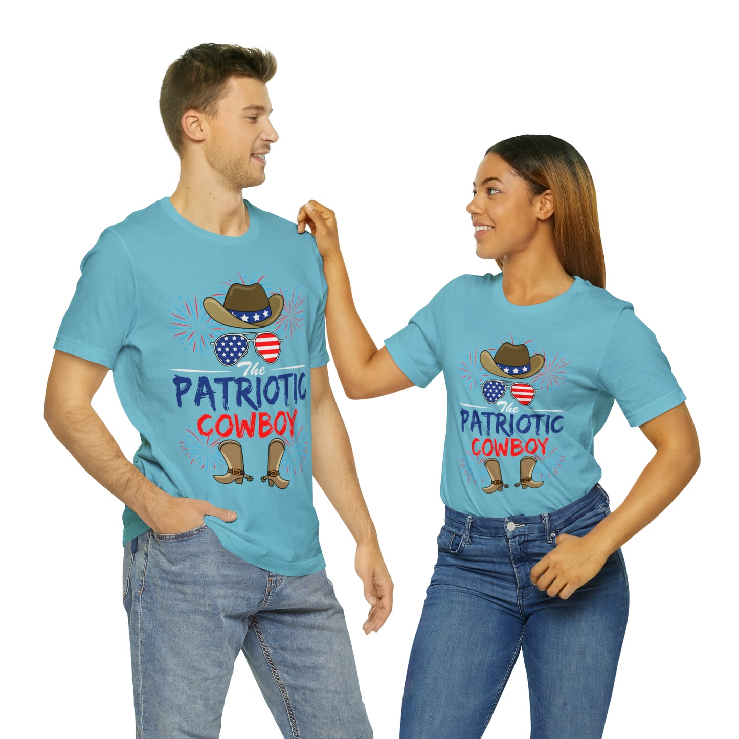 Patriotic Cowboy, American Flag 'Glasses, Cowboy Hat and Boots, Fourth of July 4th Unisex Jersey Short Sleeve Tee