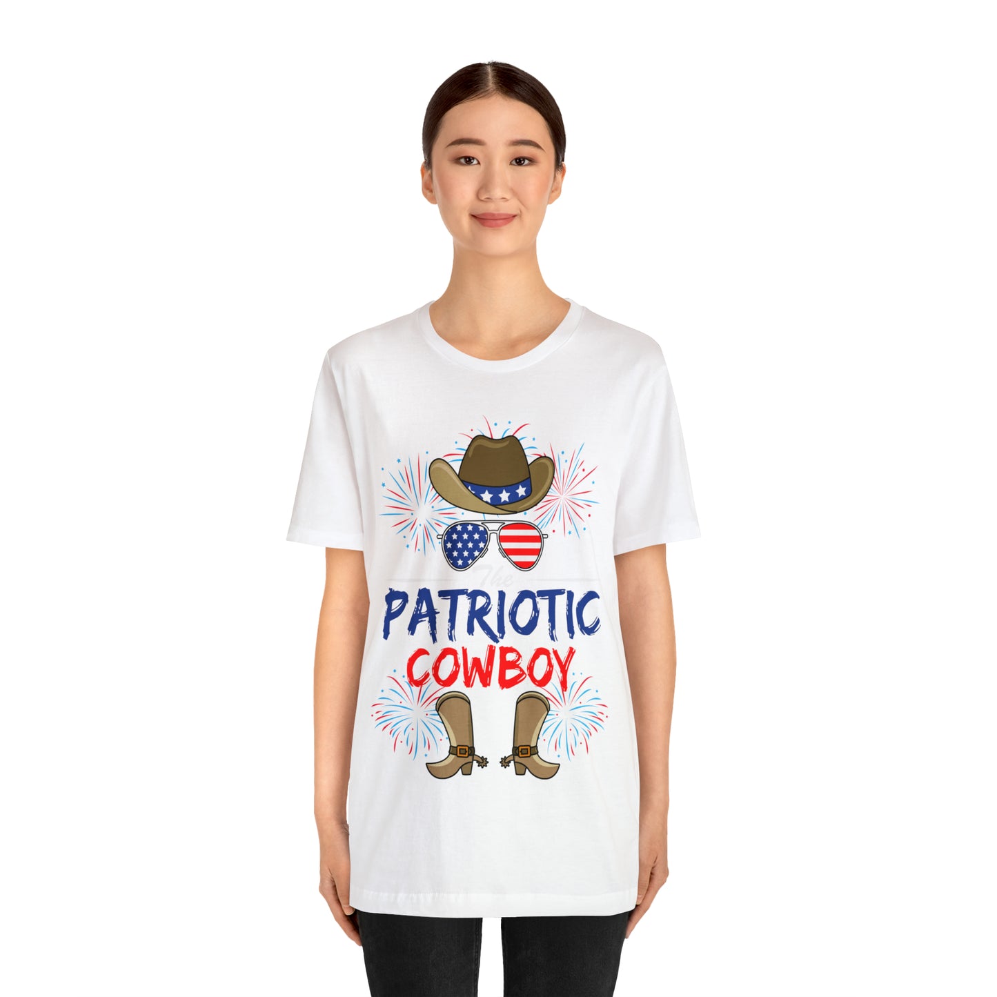 Patriotic Cowboy, American Flag 'Glasses, Cowboy Hat and Boots, Fourth of July 4th Unisex Jersey Short Sleeve Tee