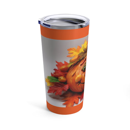 Fall-Halloween Cute Decorated Faced Pumpkin With Fall Color Leaves Tumbler 20oz