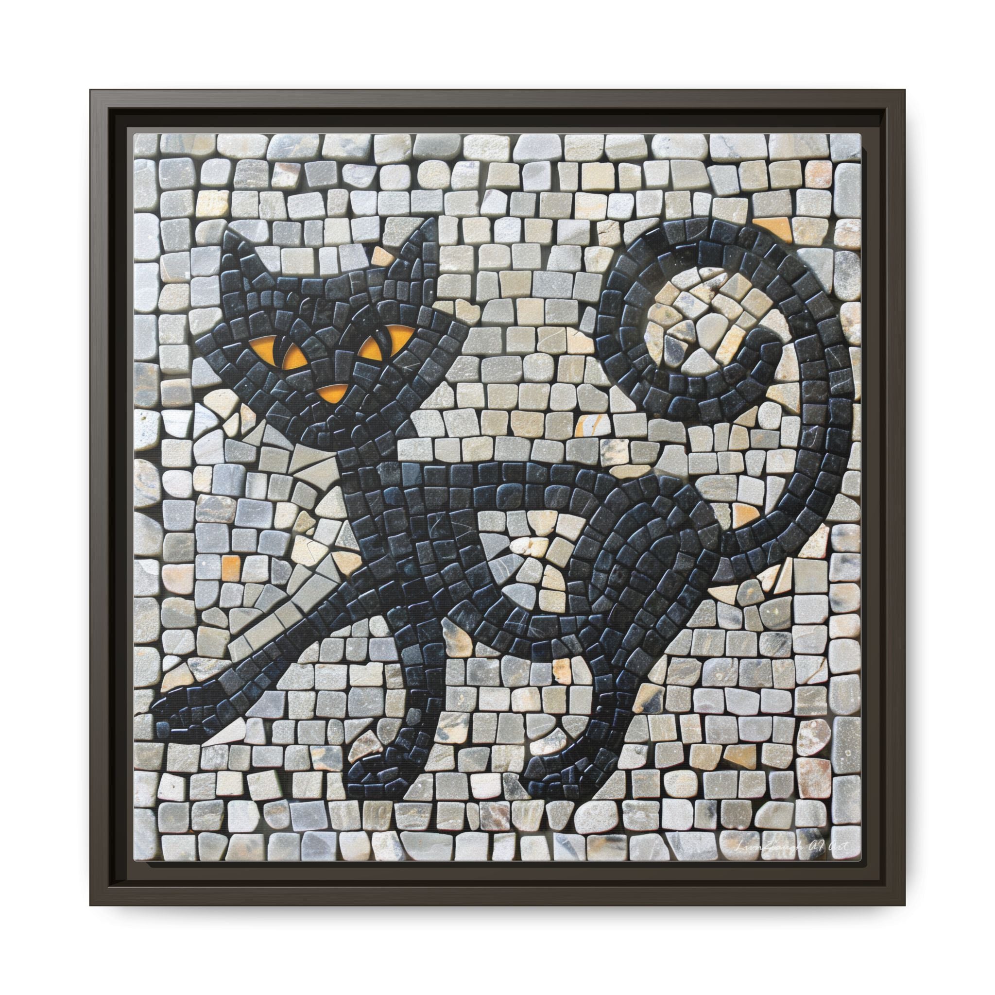"Curious Black Cat Mosaic", Framed Mosaic Cat Art Print — Colorful Modern Wall Canvas