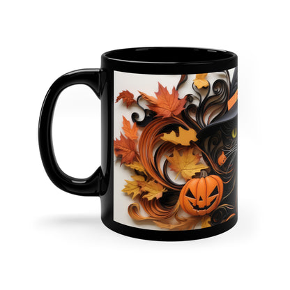 Fall Season Leads to Black Halloween Witch Hat Cat Amazing Background Fall Leaves And Pumpkins 11oz Black Mug