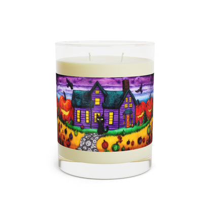 Purple- Orange Halloween, Fall Time Black Cat With Pumpkins And Purple House, Scented Candle - Full Glass, 11oz