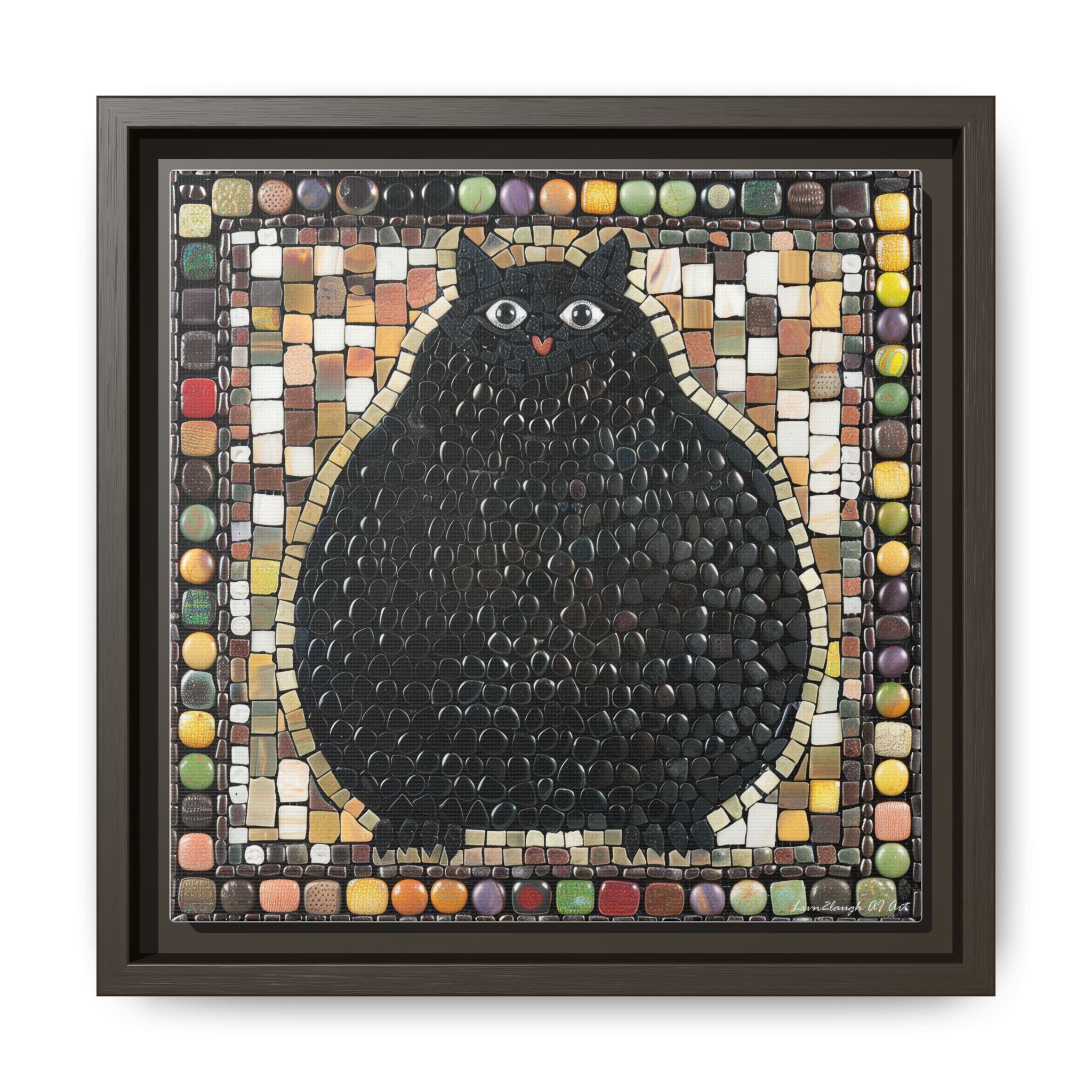 "Playful Black Cat Mosaic", Framed Mosaic Cat Art Print — Colorful Modern Wall Canvas