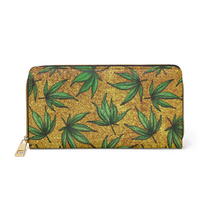 Gold And Green Marijuana Pot Weed Leaf With Gold Background 420 Zipper Wallet