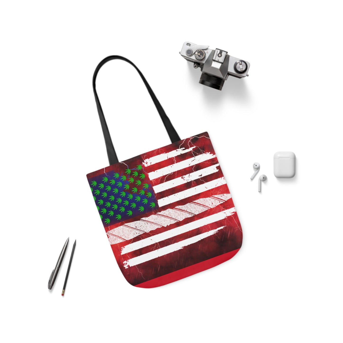 Flag Red, White And Blue Beautiful Red Background With Marijuana Pot Weed 420 Leaf Polyester Canvas Tote Bag (AOP)