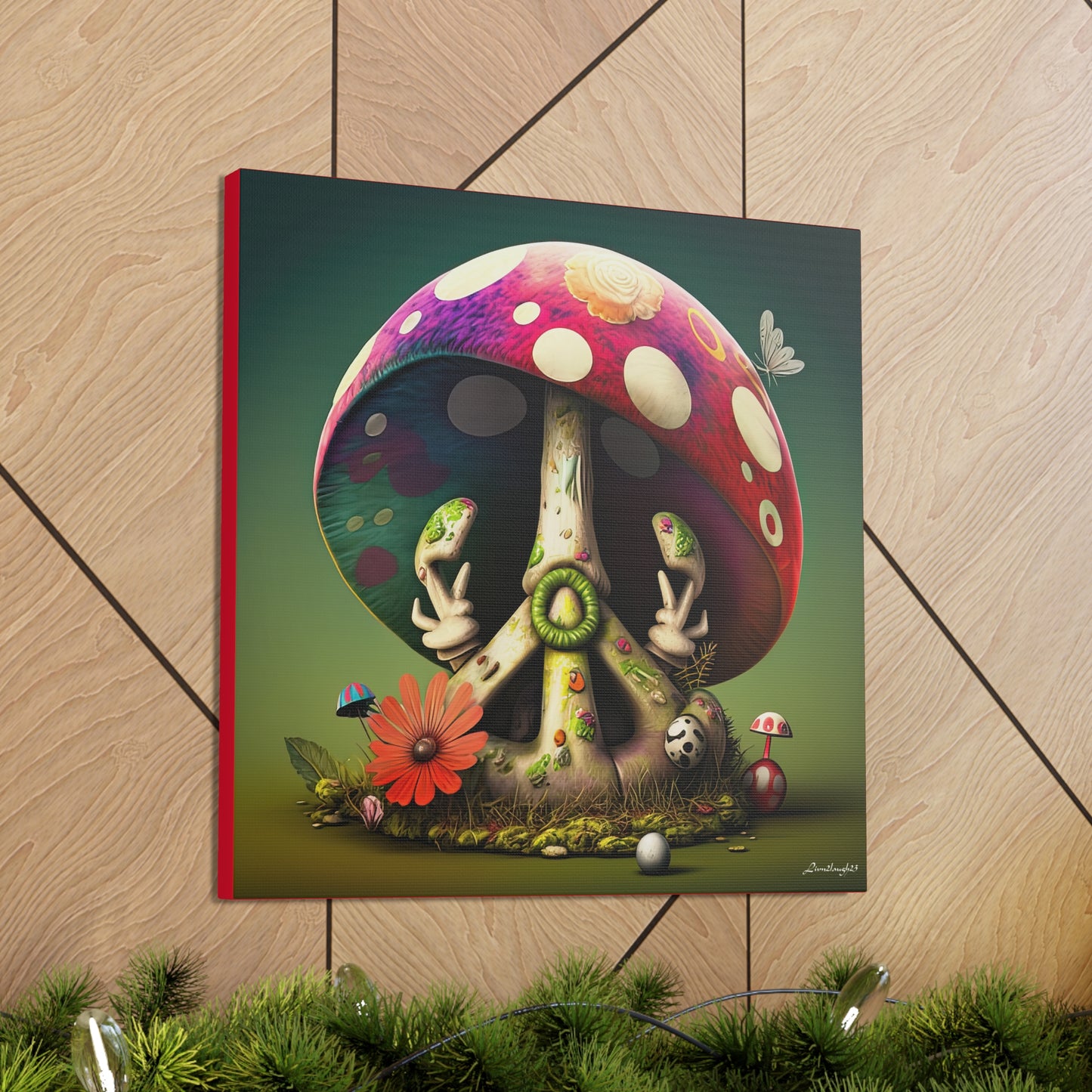 Beautiful Forest Half Peace Sign , Red And White Polka dot Mushrooms Red Flower Canvas Gallery Wraps