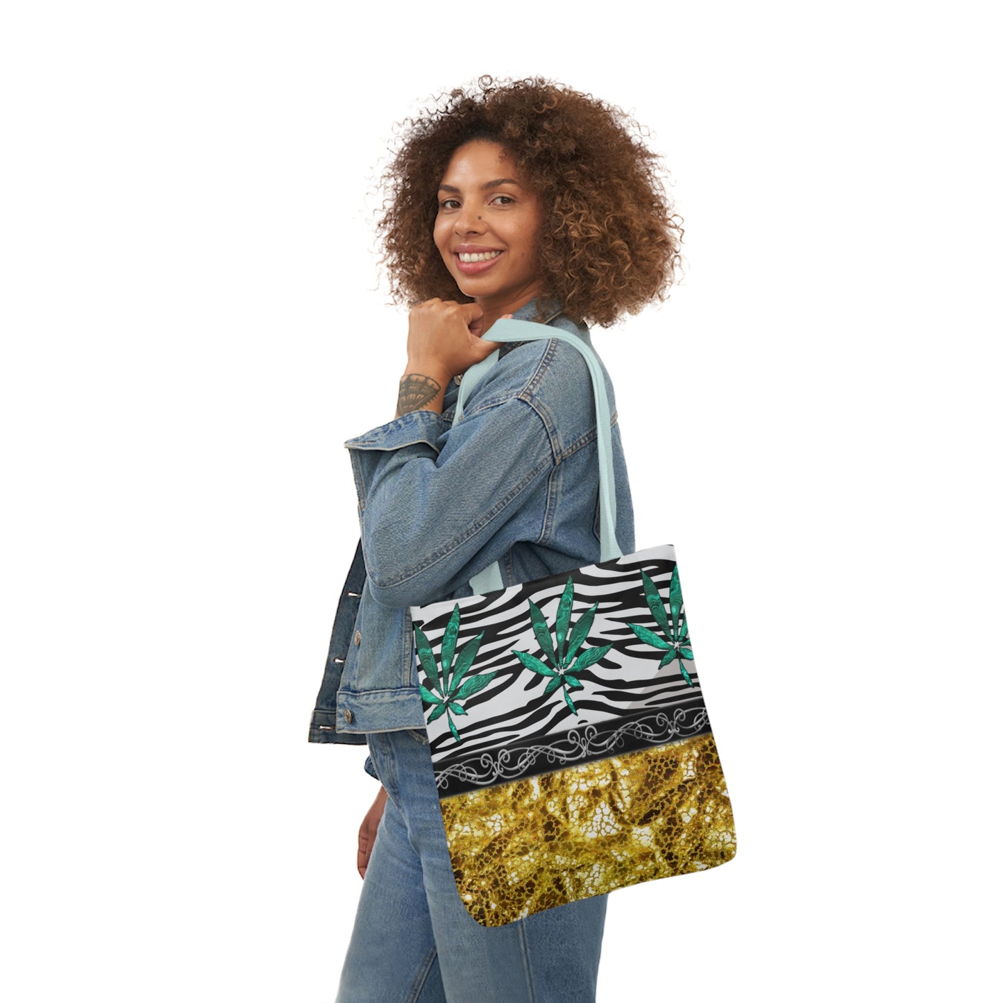 Gold And Zebra White And Black Marijuana Pot Weed Leaf 420 Weed Pot Marijuana Leaf Polyester Canvas Tote Bag (AOP)