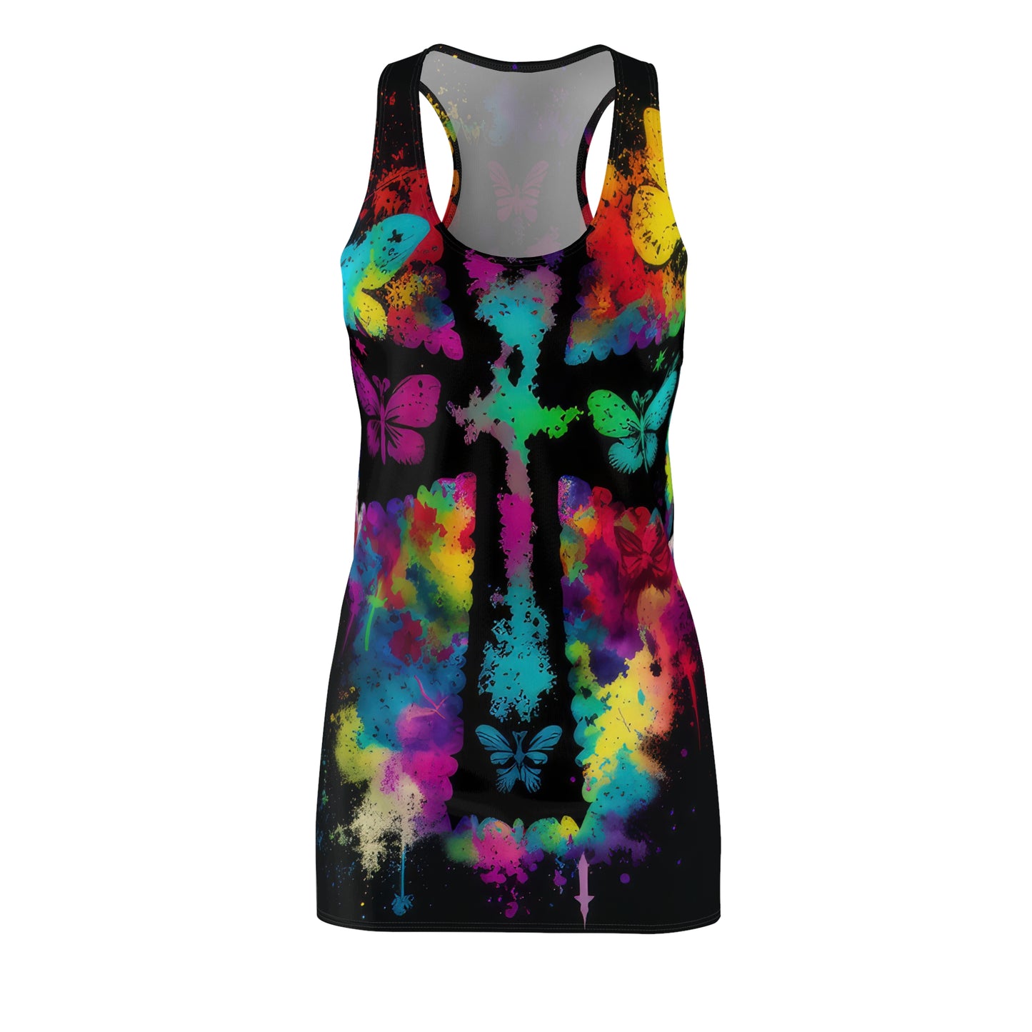 Bold And Beautiful Tie Dye Cross And Butterflies Style Two Women's Cut & Sew Racerback Dress (AOP)