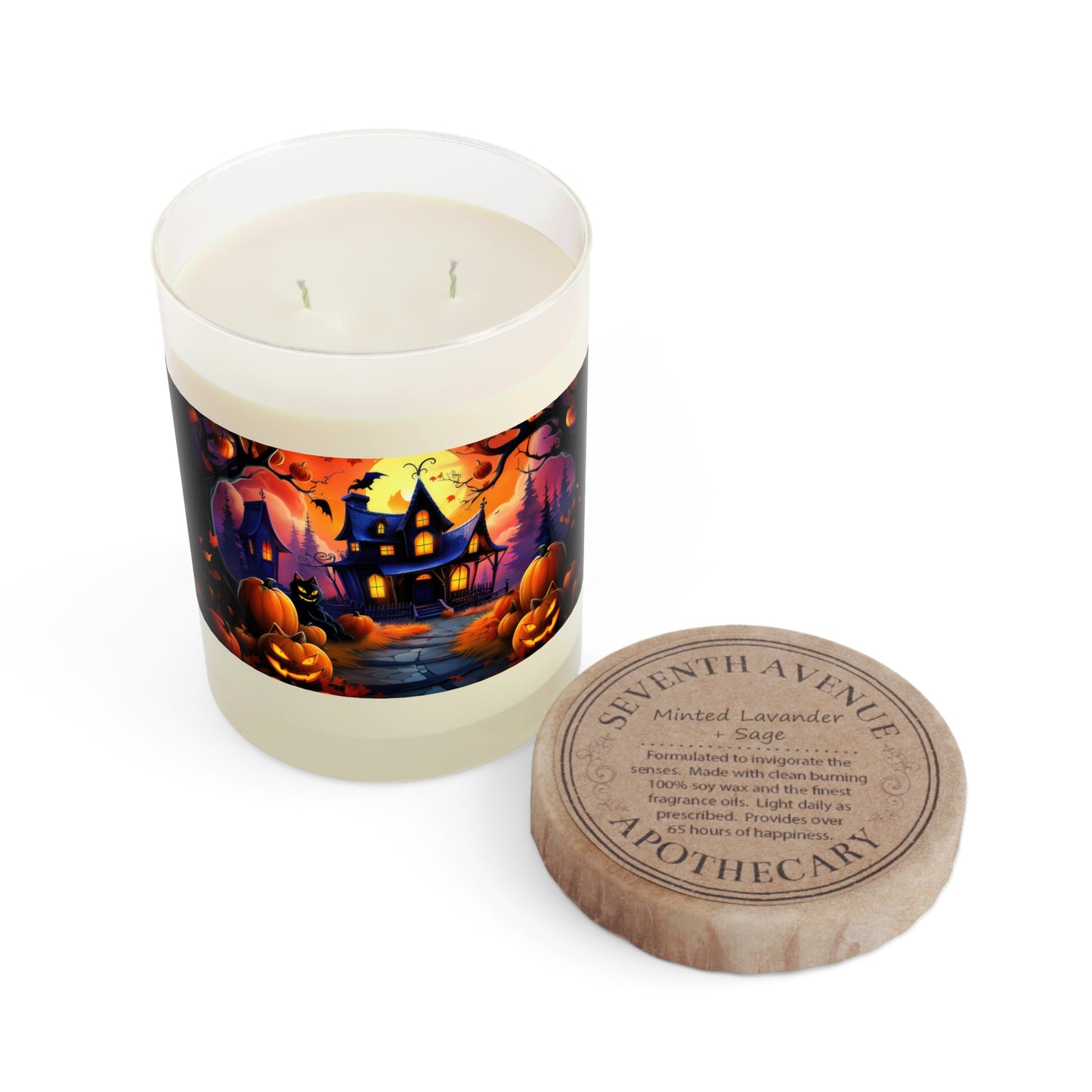 Spooky Halloween House With Pumpkin Line Path , Black Cat, Scented Candle - Full Glass, 11oz